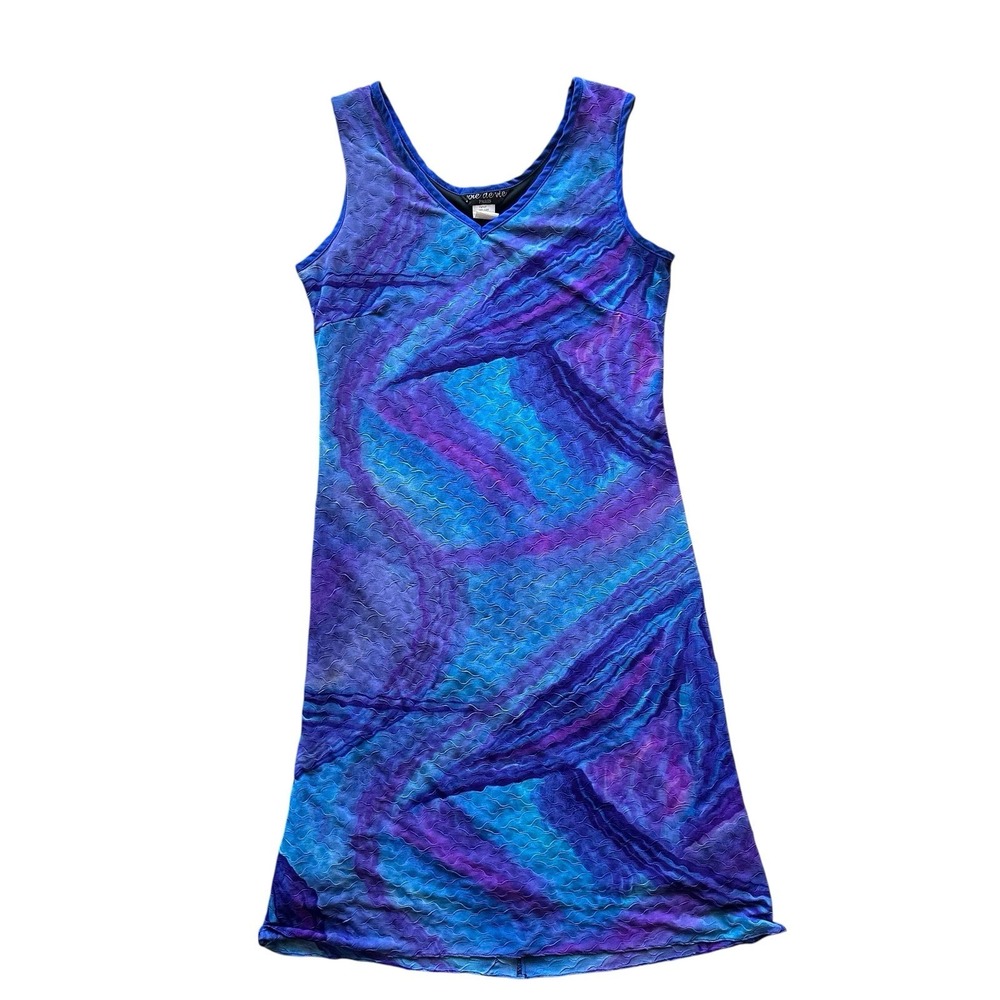 VTG Y2K 2000s Joie de Vie Paris Crinkle Mesh Dress Blue Purple Swirl Print Sz 12